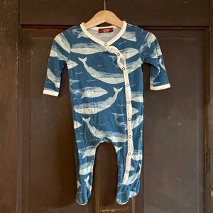 Milk barn organics snap footed romper, whale pattern, size 3 -6 months